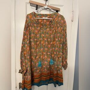 Natural Life Dara Tunic Mini Dress Long Sleeve Blue Pink Floral Bohemian  XL